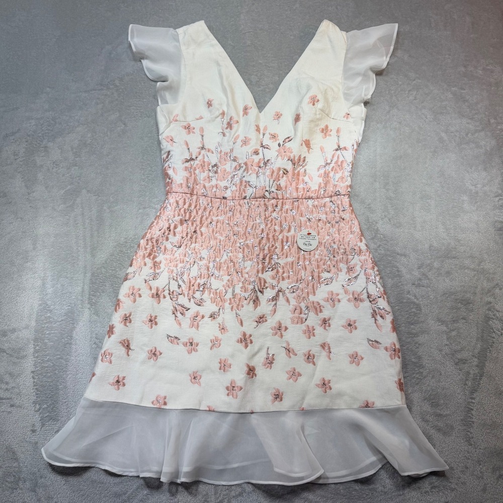 Chi Chi London Petite Metallic Floral‎ Brocade Dress White Rose Gold Size  8 NEW